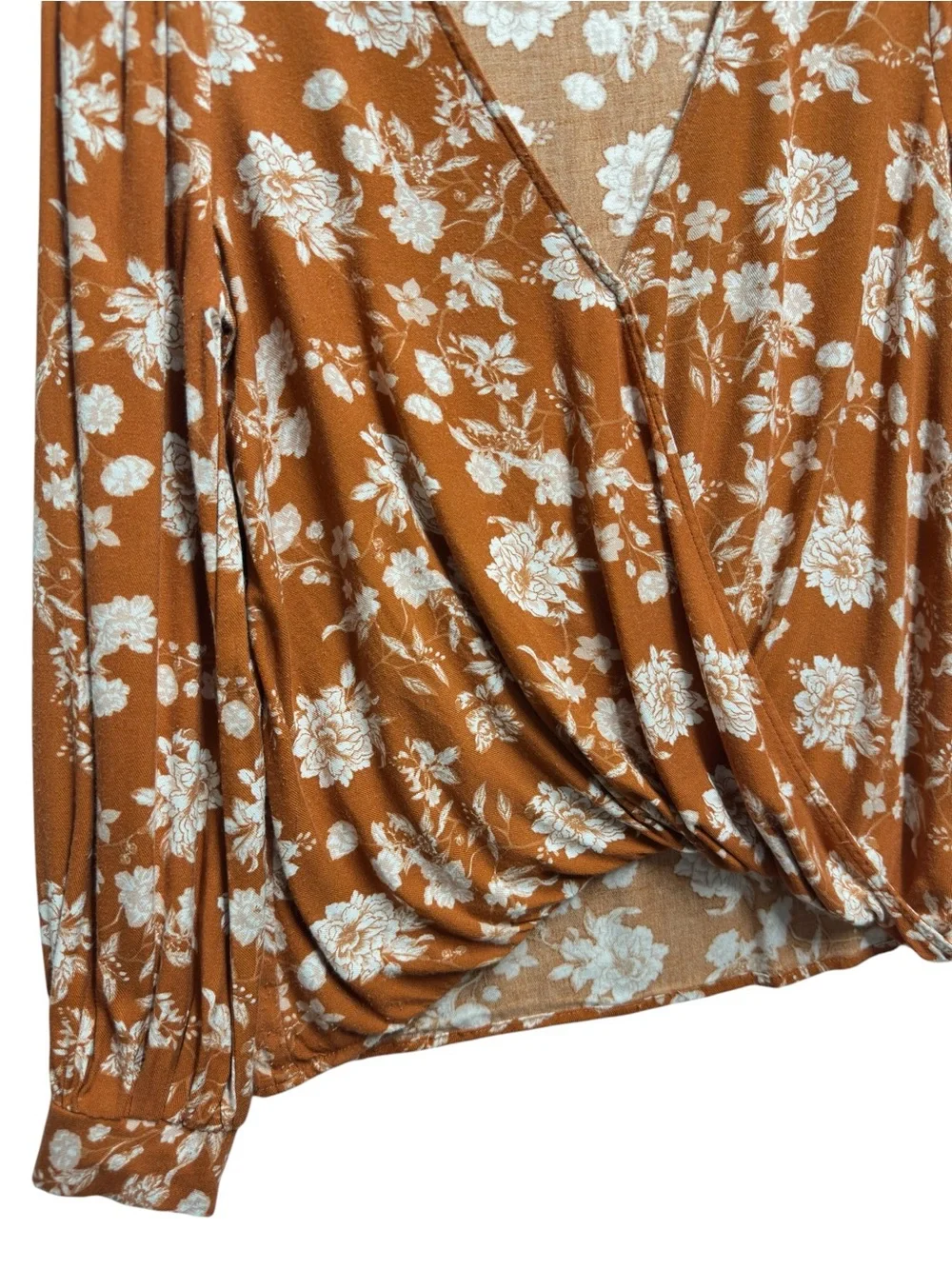 Pure Rayon Gauze Chambray Flannel Knit Rust Floral Drape Wrap Surplice Blouse